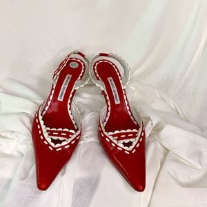 Manolo Blahnik  Red Leather Whipstitch Slingback